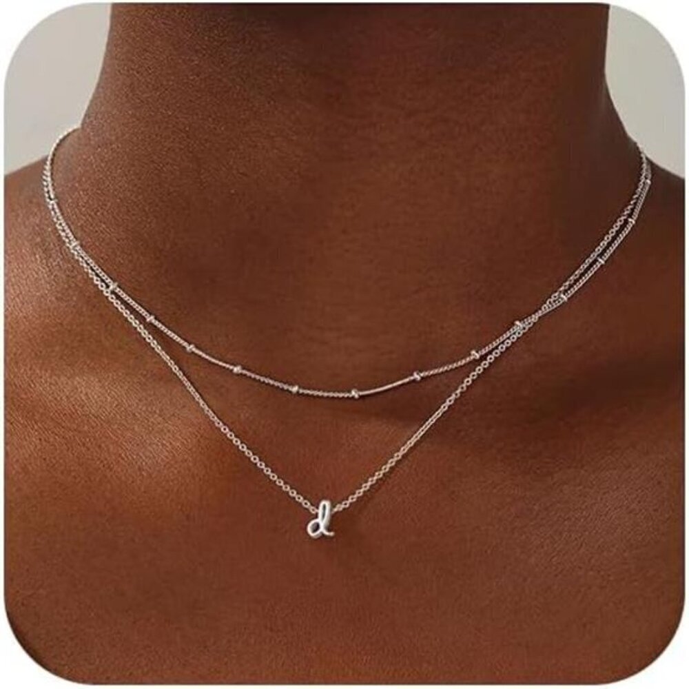 Dainty White Gold Layered Initial Necklace – Silver Letter "d" Pendant